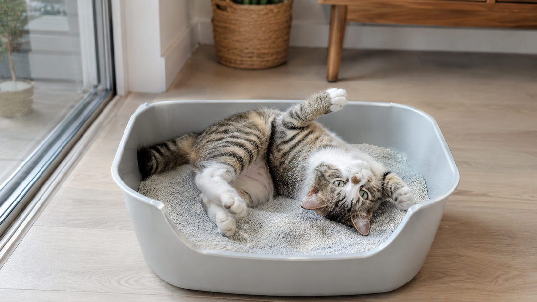 Katze wälzt sich entspannt in einem sauberen Katzenklo – Pacha-Streu