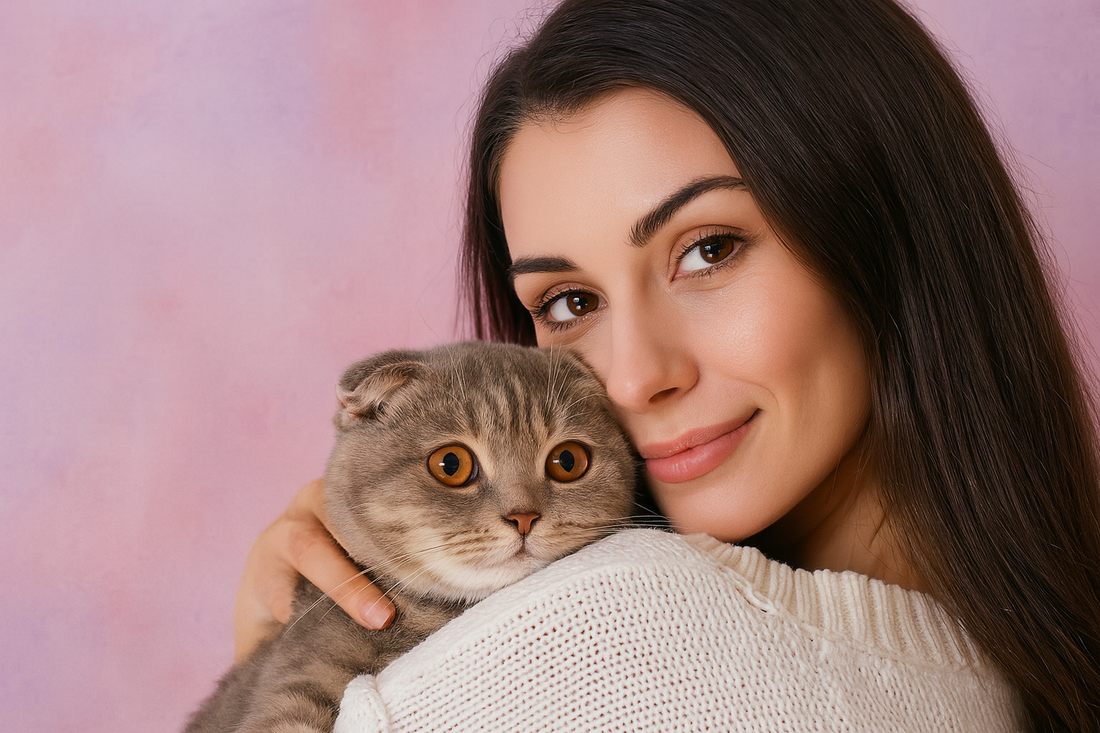 Jeune femme aux cheveux longs câlinant son chat devant un fond rose et violet — Litière Pacha (Pacha-Streu)