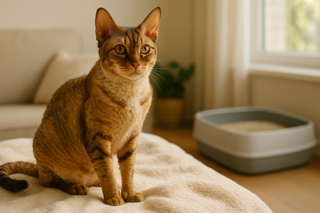 German Rex mit lockigem Fell und großen Ohren in hellem Wohnzimmer, Pacha-Streu im Hintergrund