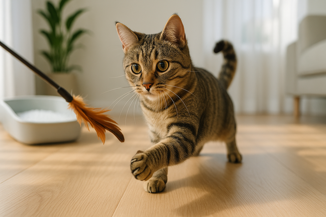 Gesunde Katze spielt aktiv mit einem Federstab in sauberer Wohnung mit Pacha-Streu im Hintergrund