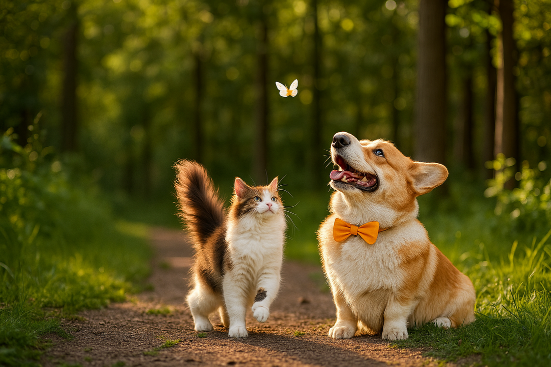 Glückliche Katze mit Hund beim Spaziergang im Wald – verspielter Naturmoment mit Pacha-Streu