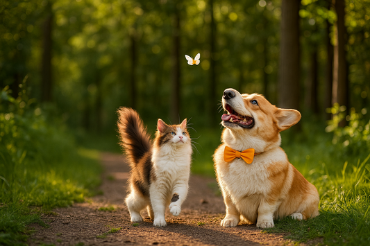 Glückliche Katze mit Hund beim Spaziergang im Wald – verspielter Naturmoment mit Pacha-Streu