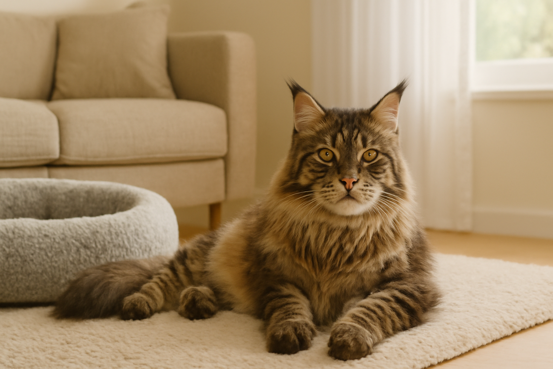 Große Maine Coon Katze ruht sich aus – Komfort und Platz für große Katzen mit Pacha-Streu