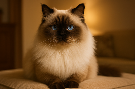 Himalayan-Katze mit langem cremefarbenem Fell und blauen Augen – elegante Rasse im gepflegten Zuhause mit Pacha-Streu