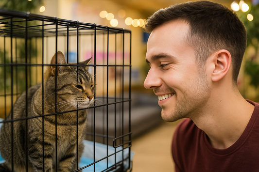 Junge Mann lächelt eine Katze im Käfig an bei der Adoption – liebevoller Blick mit Pacha-Streu