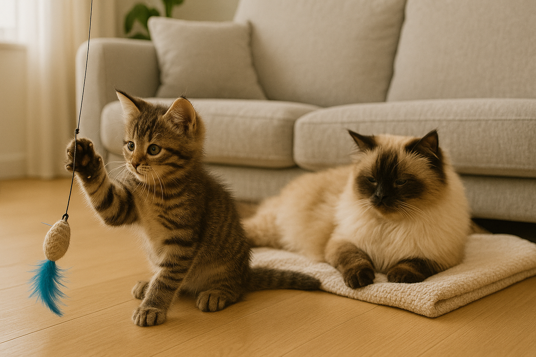 Junges Kätzchen spielt, während eine Senior-Katze ruht – Darstellung verschiedener Lebensphasen und Wohlbefinden mit Pacha-Streu