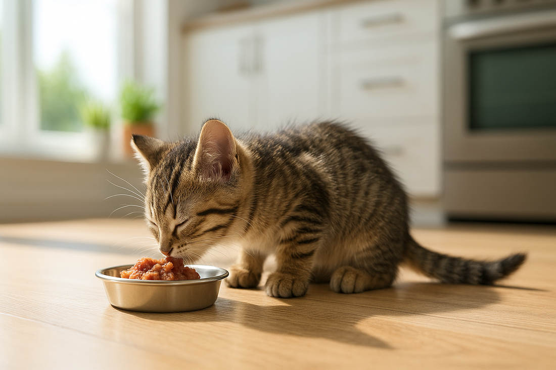 Kätzchen frisst proteinreiches Futter – gesunde Entwicklung und Wohlbefinden mit Pacha-Streu