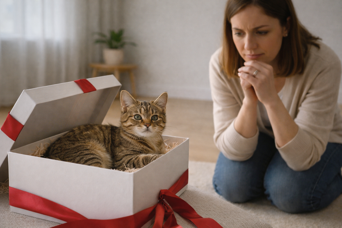 Eine Katze sitzt in einer Geschenkbox, während eine nachdenkliche Person zögert – ein Symbol dafür, warum Haustiere kein spontanes Geschenk sind, Pacha-Streu