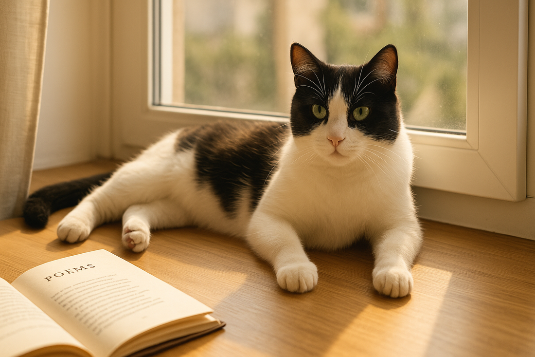 Elegante schwarz-weiße Katze am Fenster mit offenem Gedichtband – Symbol für kreative Inspiration und harmonisches Zuhause mit Pacha-Streu