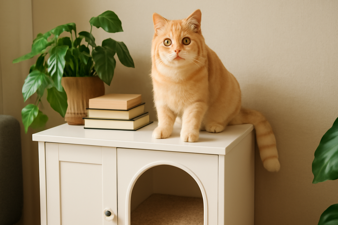 Katze sitzt auf dekorativem Katzenklo-Schrank – verstecktes Katzenklo mit Pacha-Streu als stilvolles Wohnaccessoire