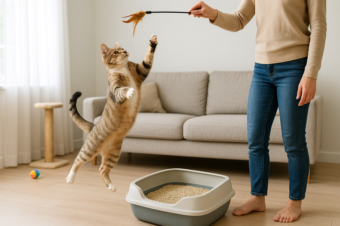 Verspielte Katze springt nach Federangel – Bewegung und Spaß im Alltag mit Pacha-Streu