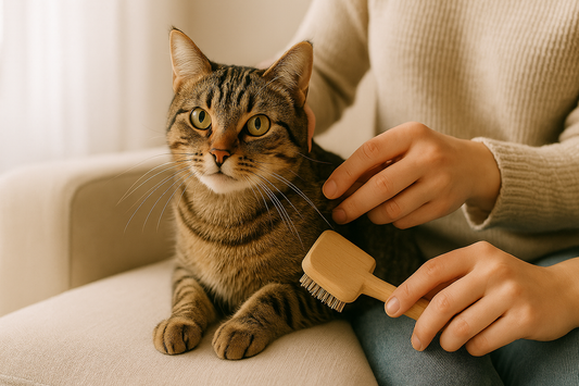 Katze wird gebürstet und auf Flöhe kontrolliert – natürliche Flohprävention und liebevolle Pflege mit Pacha-Streu