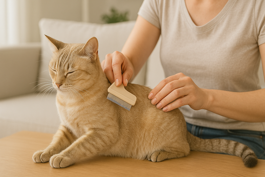 Katze wird gebürstet und auf Flöhe kontrolliert – natürliche Flohprävention und sauberes Zuhause mit Pacha-Streu
