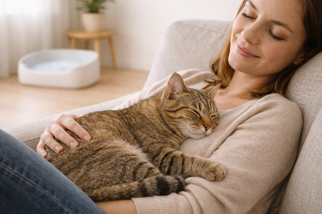 Eine entspannte Katze hilft beim Stressabbau und fördert das Wohlbefinden – ruhige Wohnatmosphäre mit Pacha-Streu