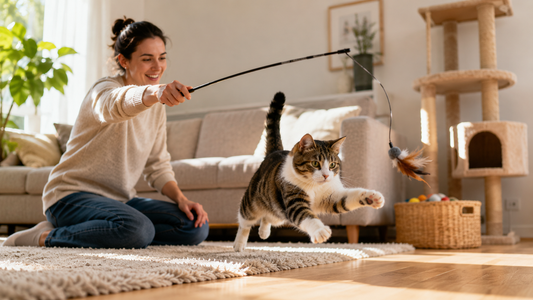 Katze jagt ein Spielzeug zu Hause und bekommt genug Bewegung im Alltag – Pacha-Streu