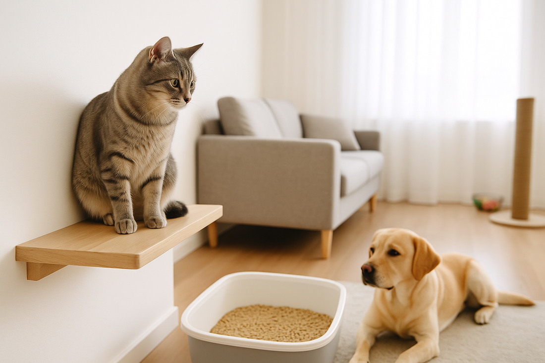 Katze beobachtet Hund von erhöhtem Platz – Rückzugsorte schaffen für Harmonie mit Pacha-Streu