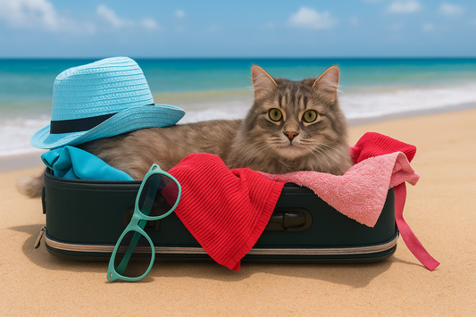 Graue Katze liegt entspannt in einem offenen Koffer am Strand – Urlaub mit Pacha-Streu