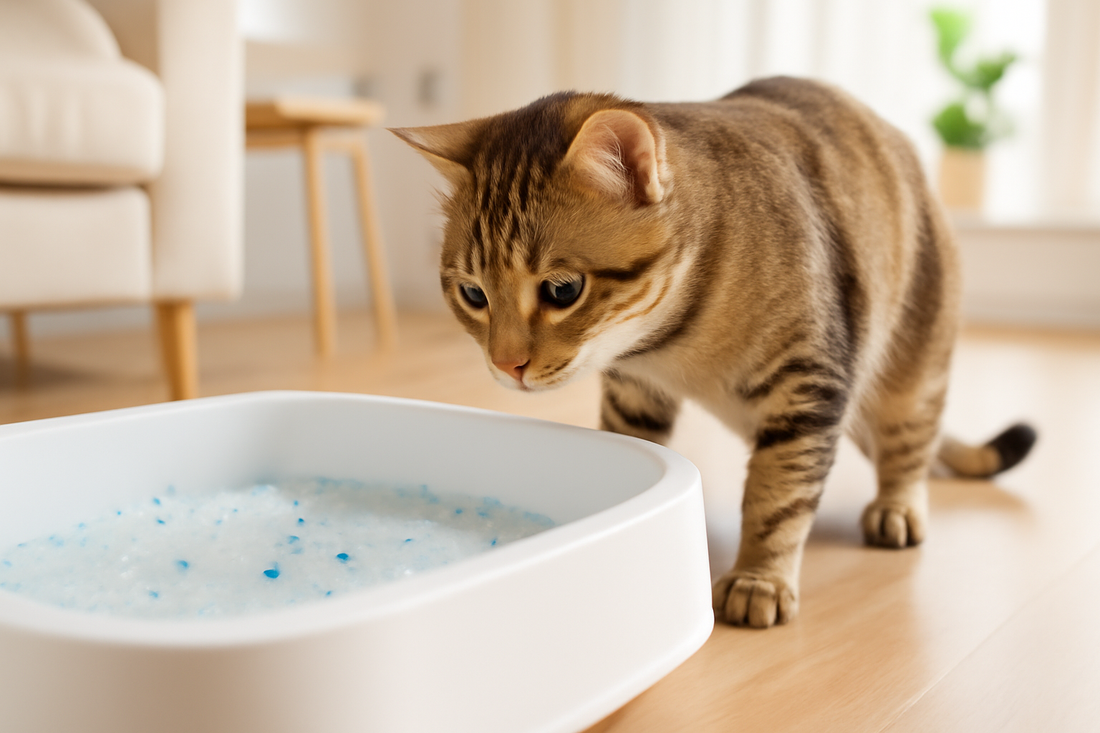 Neugierige Katze an sauberem Katzenklo – Hygiene, Frische und Wohlbefinden mit Pacha-Streu