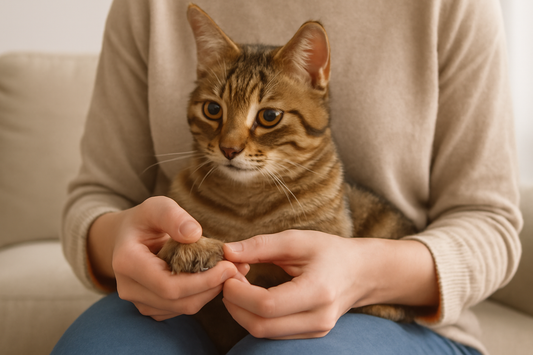 Katze auf dem Schoß des Besitzers – Vorbereitung für das Krallenschneiden mit Pacha-Streu in einer ruhigen Atmosphäre