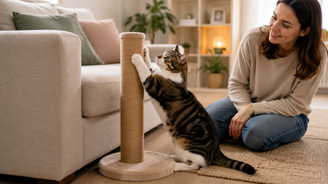 Katze nutzt einen Kratzbaum neben dem Sofa statt Möbel zu zerkratzen – Pacha-Streu