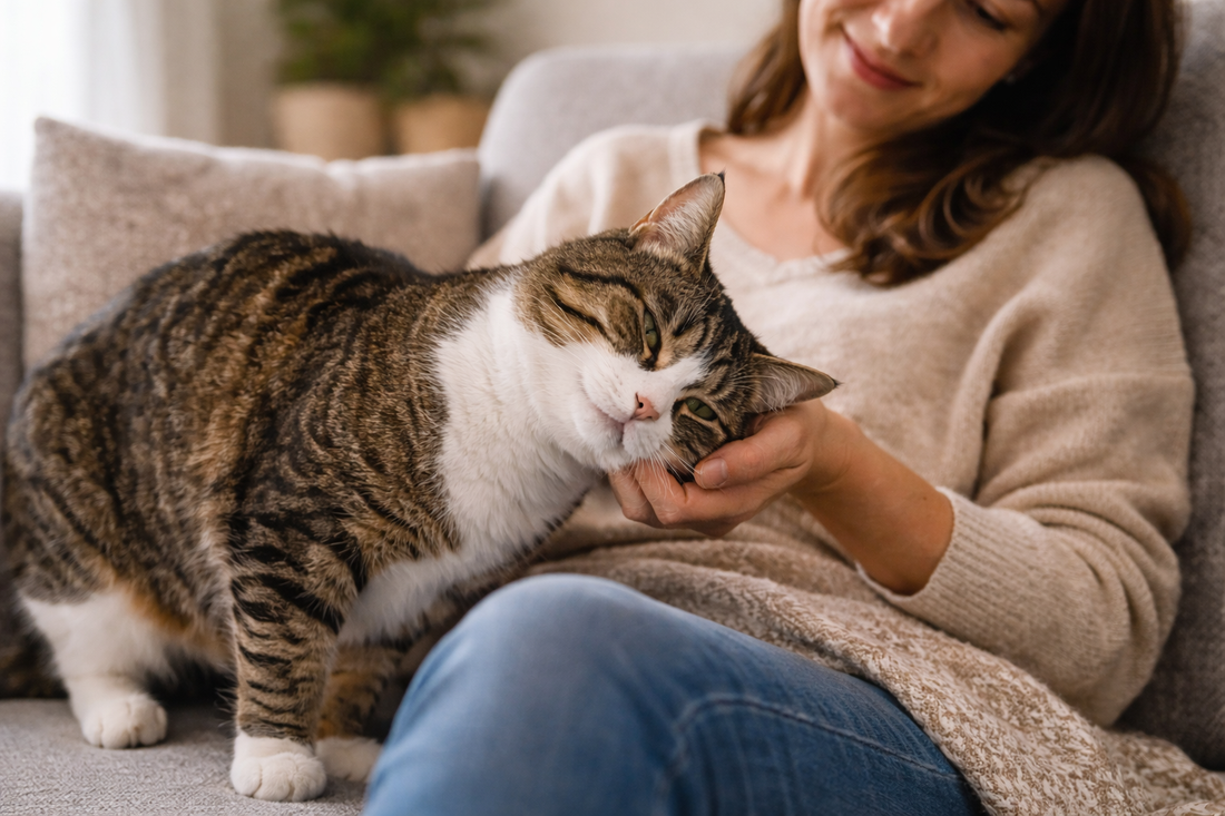Katze zeigt langsamen Lidschlag als Zeichen von Vertrauen und Zuneigung zum Menschen mit Pacha-Streu