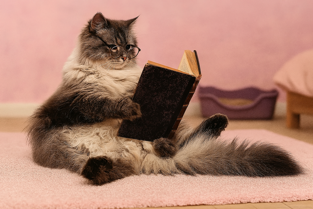 Chat long poil avec lunettes lisant un livre ancien dans une chambre rose avec bac à litière — Litière Pacha (Pacha-Streu)