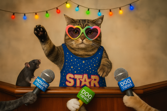 Katze mit Herzbrille hält Rede auf Podium vor Mikrofonen von Maus, Hund und Katze – humorvoller Auftritt mit Pacha-Streu