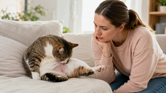 Katze mit ersten Anzeichen von Overgrooming wird zu Hause aufmerksam beobachtet – Pacha-Streu