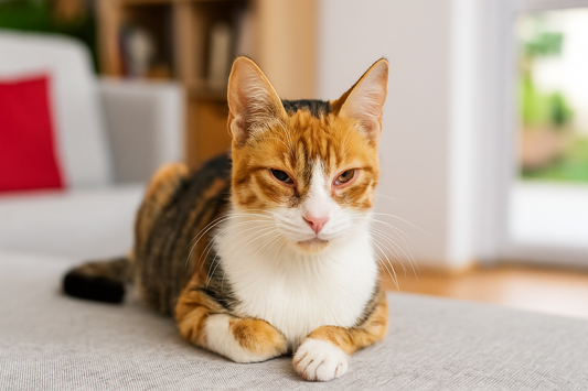 Dreifarbige Katze mit gereizten Augen liegt im Wohnzimmer – ruhiger Moment mit Pacha-Streu