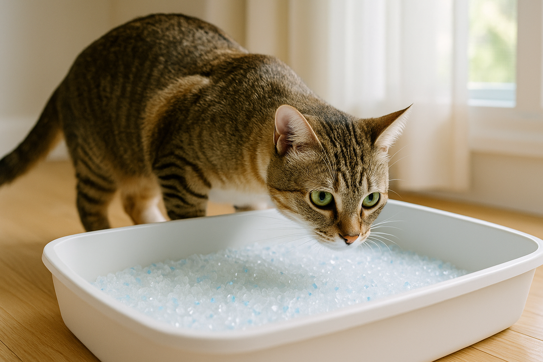 Neugierige Katze schnuppert an frischem Katzenstreu – hygienische und geruchsfreie Sauberkeit mit Pacha-Streu