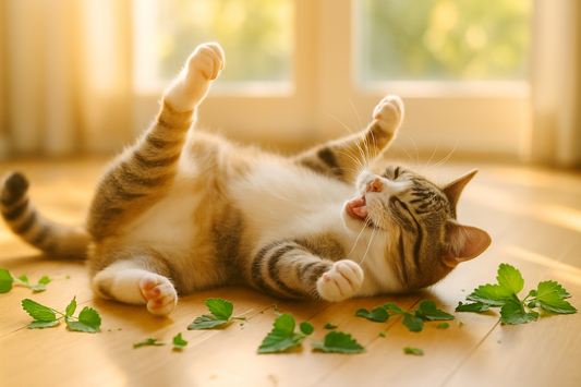 Verspielte Katze tobt mit frischer Katzenminze – Freude und Energie dank natürlicher Wirkung mit Pacha-Streu 