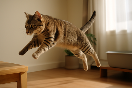 Katze springt mit blitzschnellen Reflexen – Naturtalent für Agilität und Schnelligkeit mit Pacha-Streu