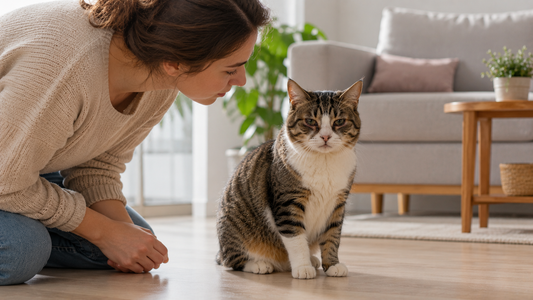 Katze mit tränenden Augen wird zu Hause aufmerksam beobachtet – Pacha-Streu