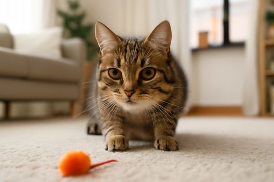 Verspielte Katze mit aufmerksamer Körpersprache – neugierig, energiegeladen und glücklich mit Pacha-Streu