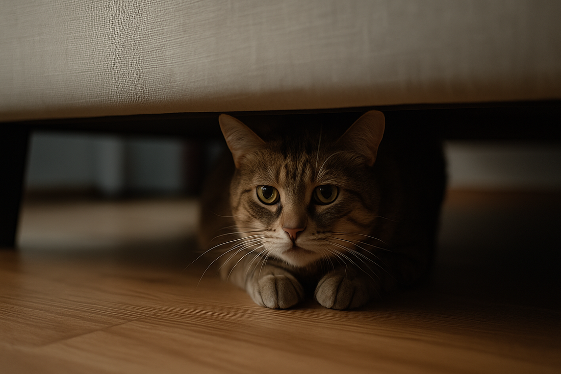 Katze versteckt sich unter dem Bett, wirkt schwach und zurückgezogen – Szene mit Pacha-Streu.