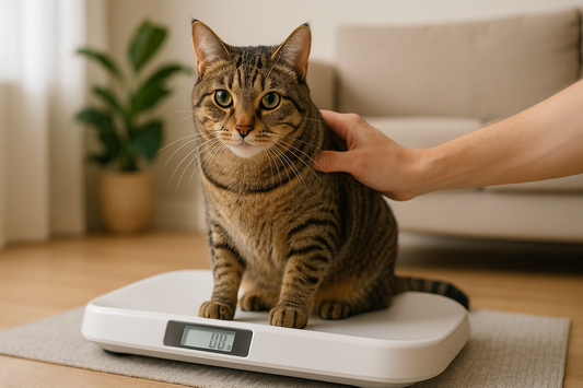 Katze wird auf Waage gewogen – Kontrolle des gesunden Gewichts und Wohlbefinden mit Pacha-Streu