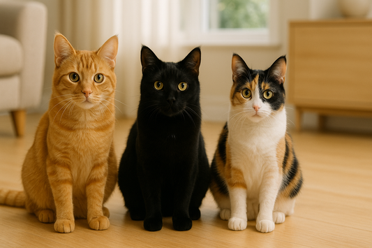 Drei Katzen mit unterschiedlichen Fellfarben – Rot, Schwarz und Tricolor – zeigen die genetische Vielfalt und natürliche Schönheit mit Pacha-Streu