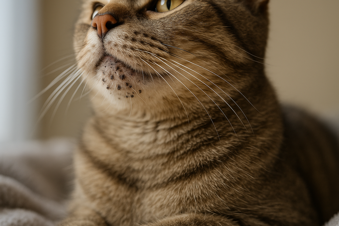Katze mit schwarzen Punkten am Kinn – typische Anzeichen von Katzenakne erkennen mit Pacha-Streu