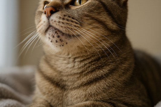 Katze mit schwarzen Punkten am Kinn – typische Anzeichen von Katzenakne erkennen mit Pacha-Streu
