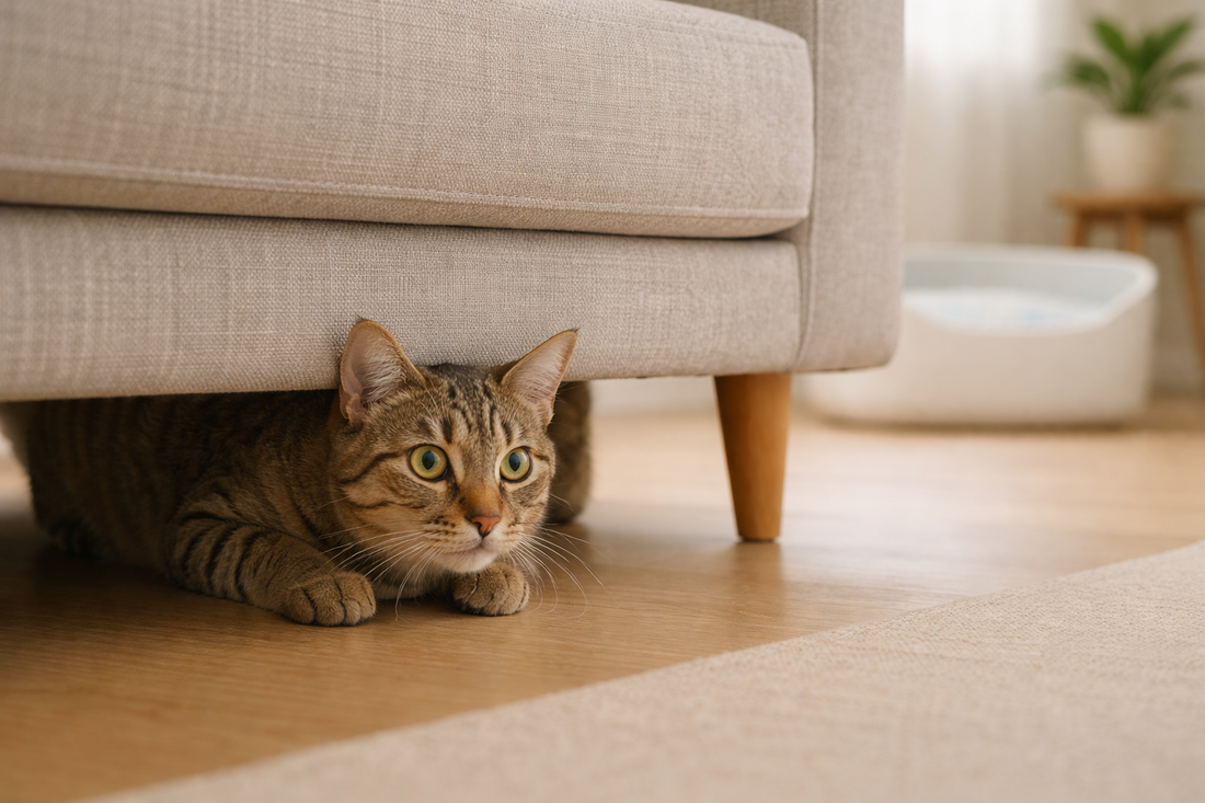 Ängstliche Katze versteckt sich im Wohnzimmer – Stresssymptome erkennen mit Pacha-Streu
