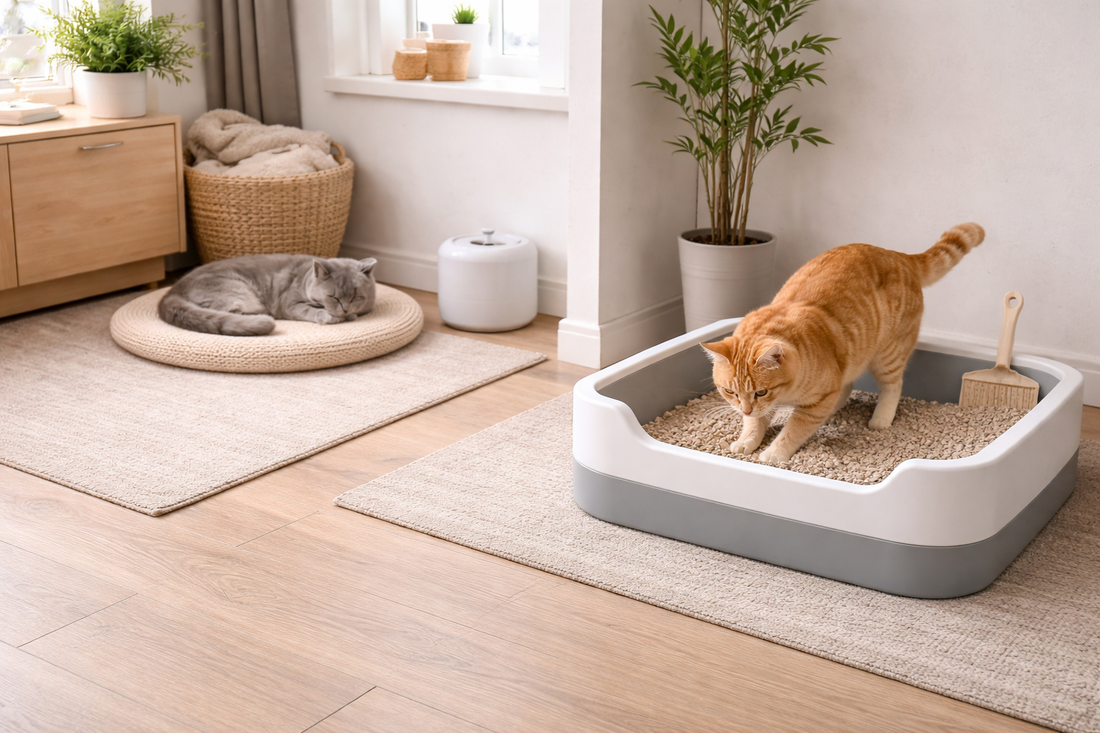 Richtig eingerichtetes Katzenklo mit mehreren Boxen und guter Platzierung – optimale Nutzung mit Pacha-Streu