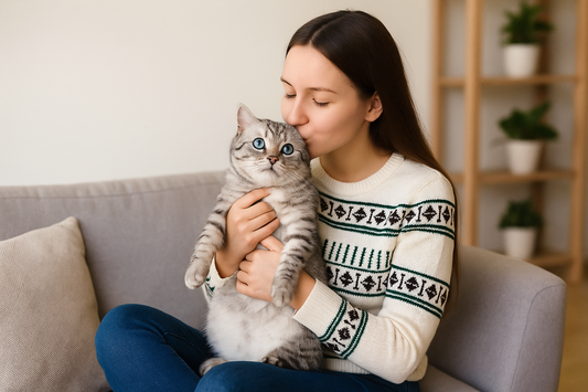 Junge Frau küsst ihre grau-getigerte Katze liebevoll im Wohnzimmer – inniger Moment mit Pacha-Streu