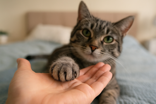 Katze legt ihre Krallenpfote in eine menschliche Hand im gemütlichen Schlafzimmer – Vertrauensmoment mit Pacha-Streu