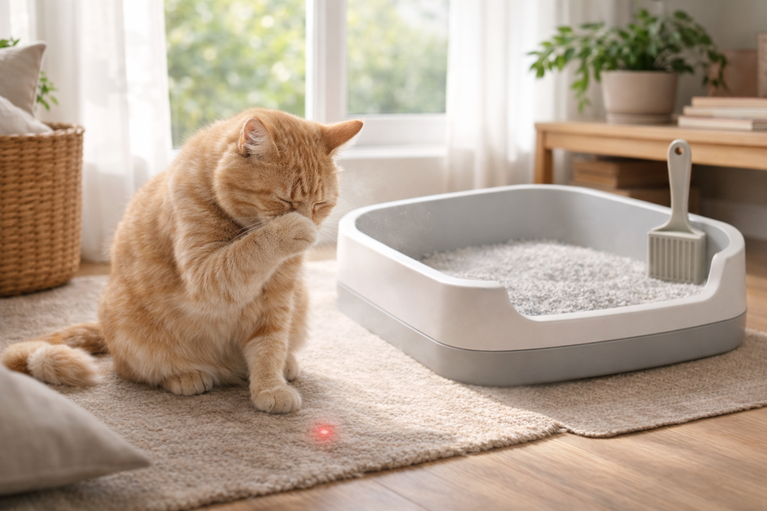 Katze zeigt Niesen und Reizung als mögliche Symptome einer Katzenstreu Allergie neben dem Katzenklo mit Pacha-Streu