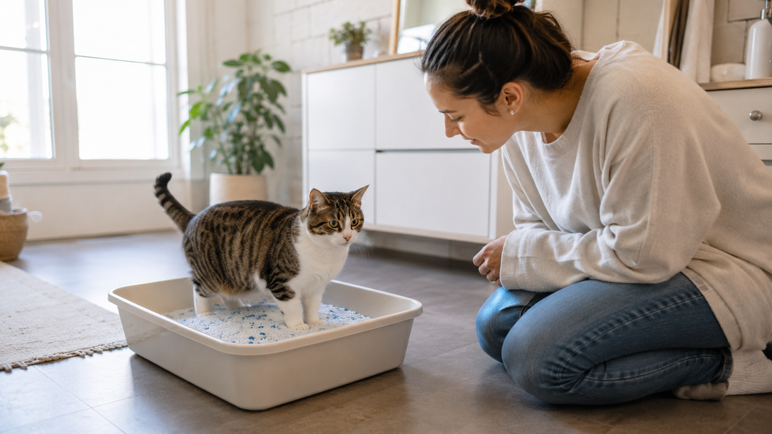 Katze im sauberen Katzenklo mit aufmerksam beobachtetem Farbwechsel der Streu – Pacha-Streu