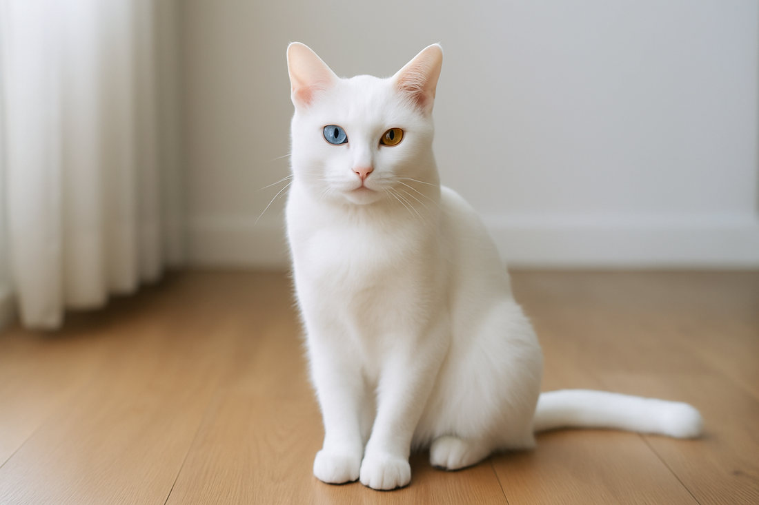 Chat Khao Manee blanc assis gracieusement sur un sol en bois avec un œil bleu et un œil doré – avec Pacha-Streu