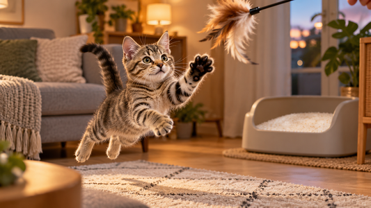 Kitten springt beim Abendspiel nach einer Federangel, im Hintergrund ein sauberes Katzenklo mit Pacha-Streu