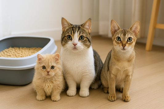 Drei kleine Katzenrassen – Lambkin, Munchkin und Singapura vereint in sauberem Zuhause mit Pacha-Streu