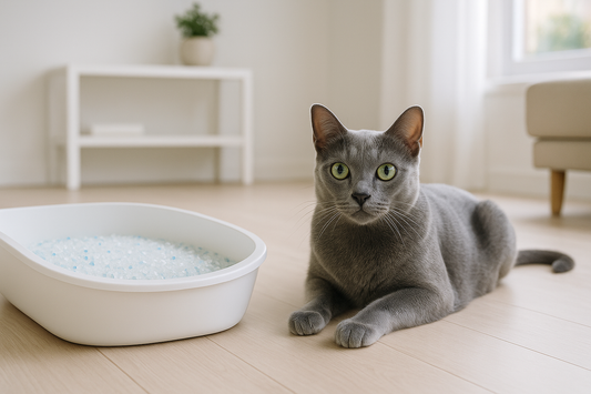 Korat Katze mit silberblauem Fell und grünen Augen – elegante Glückskatze aus Thailand mit Pacha-Streu