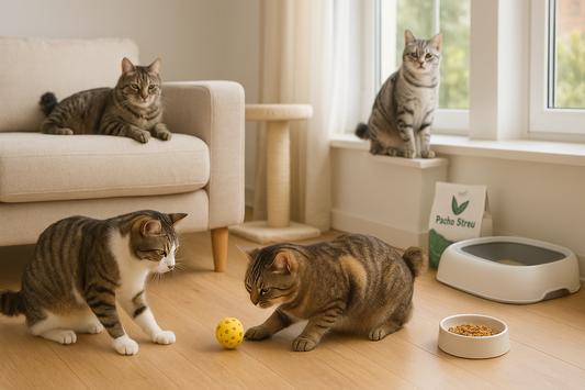 Quatre chats Kurilian Bobtail dans un salon moderne, deux jouant avec une balle, un allongé sur le canapé et un assis sur le rebord de fenêtre, queues courtes et noueuses visibles – avec Pacha-Streu